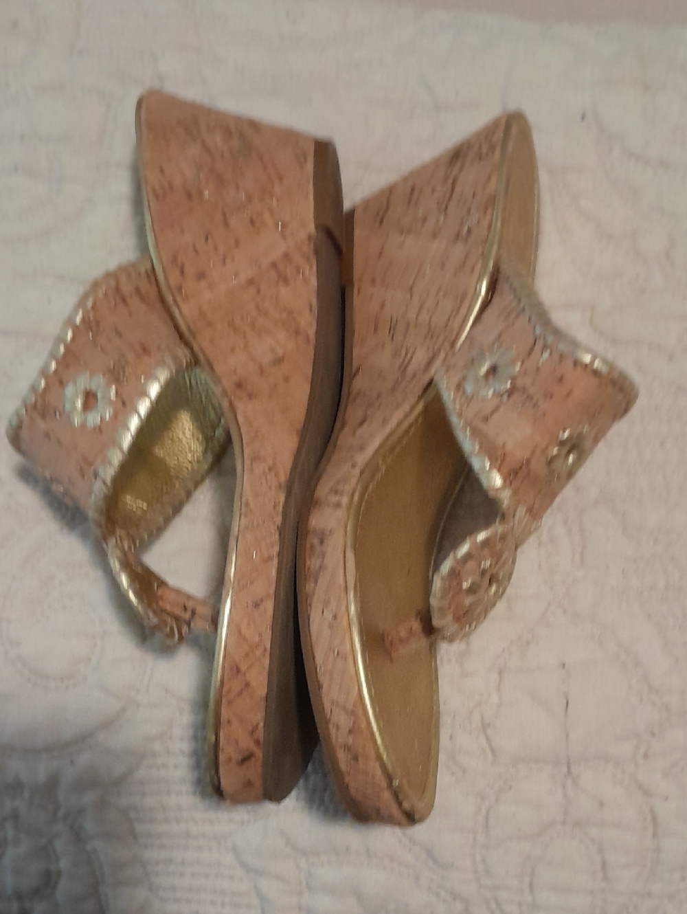 Jack Rogers Cork And Gold Wedge Thong Sandals in Beige with Embroidered Accents - Picture 2 of 4